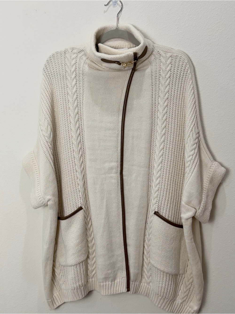 NWT LC Lauren Conrad Cream Cable Knit Cardigan Brown Trim One Size